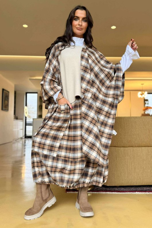 Roberta Plaid Brushed Cotton Balloon Hem Skirt Camel